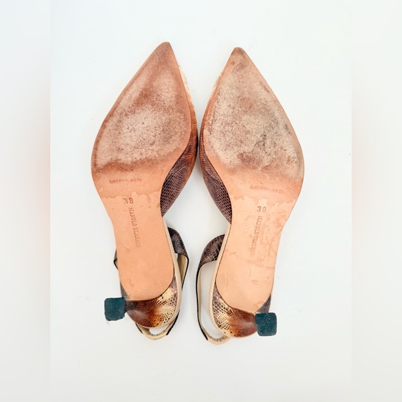 Manolo Blahnik Brown Tan Snakeskin leather embossed carolyne slingback pumps 38 - Picture 6 of 8